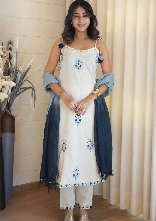 Designer Cotton Flex 3-Piece Suit Set – Strappy Embroidered Kurta with Pants & Kota Doria Dupatta