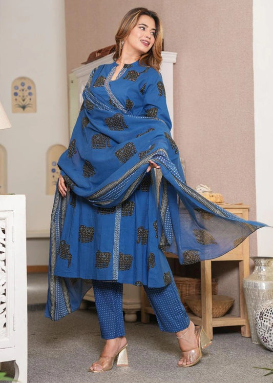 Women Cotton Elephant Print Kurta Set with Dupatta