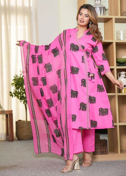 Women Cotton Elephant Print Kurta Set with Dupatta