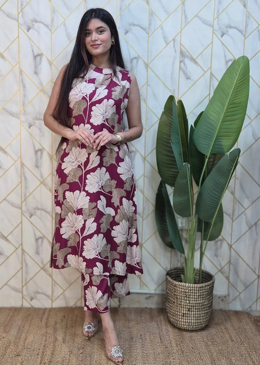 Women Classy Floral Cotton Kurti Palazzo Co-ord Set