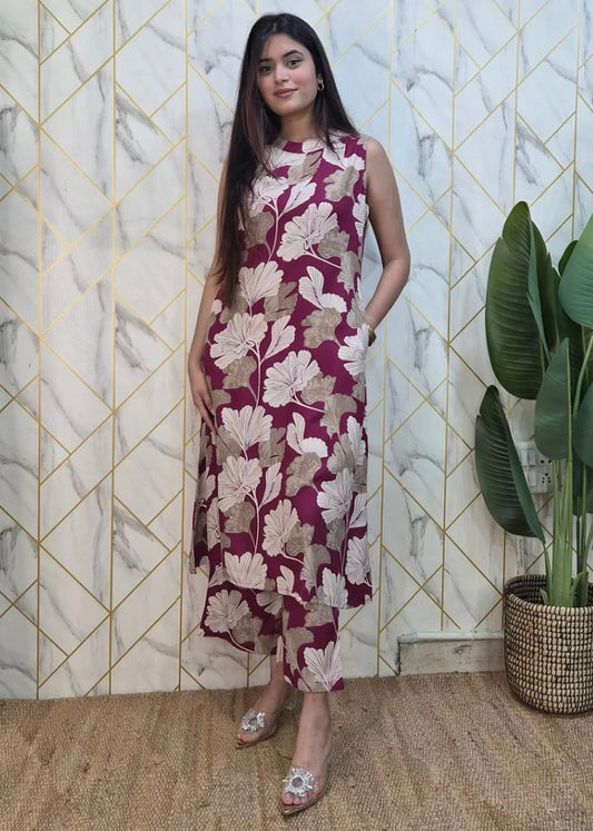 Women Classy Floral Cotton Kurti Palazzo Co-ord Set