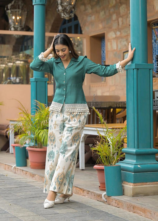 Lace-Trim Cotton Flex Shirt Kurti & Palazzo Set for Women