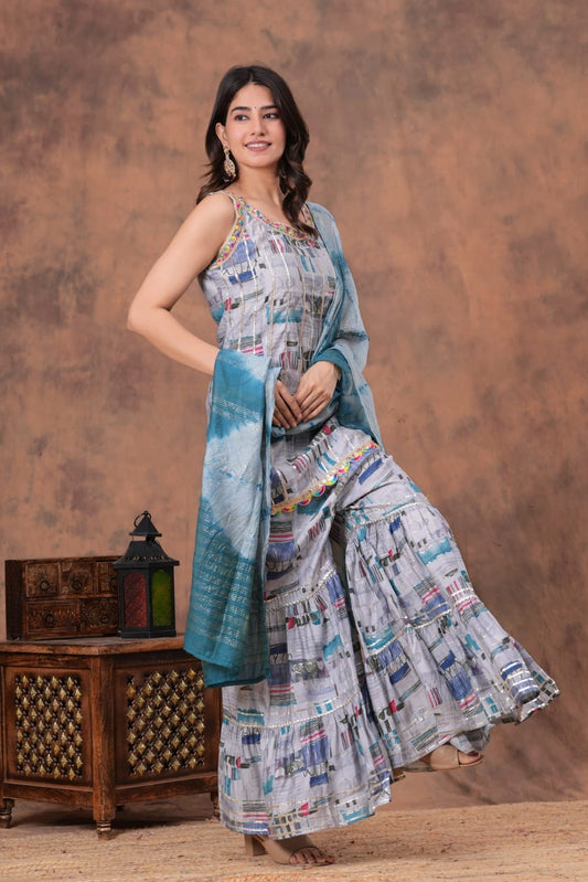 Heavy Muslin Digital Foil Print Kurti Sharara with Dupatta