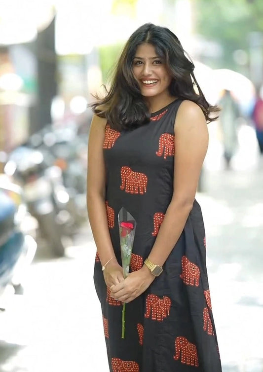 Elephant Block Print Cotton Kurti Palazzo Co-ord Set – Sleeveless A-Line