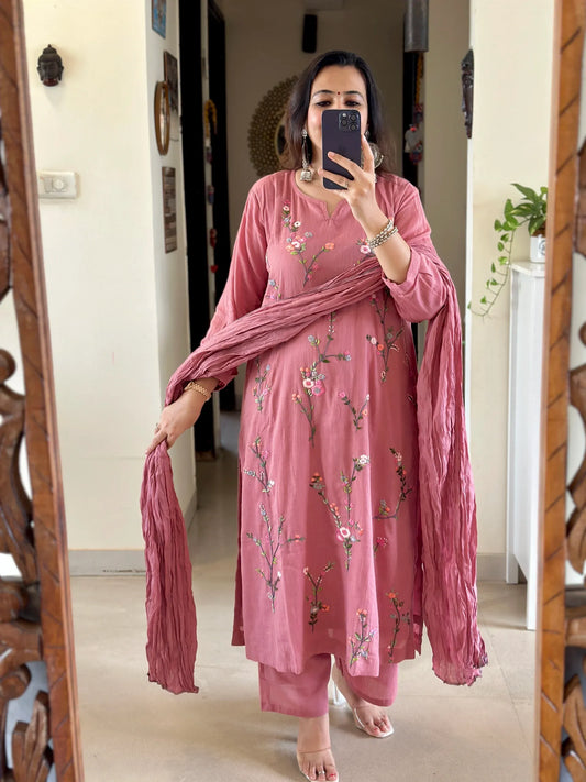 Pure Mul Cotton Embroidered Kurti Pant Set with Dupatta