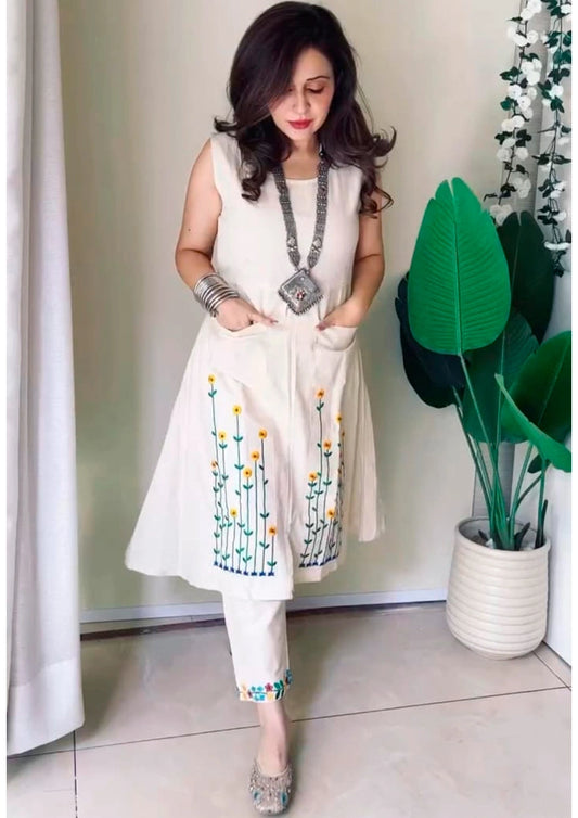 Cotton Flex Embroidered Kurti Pant Set with Front Pockets for Women