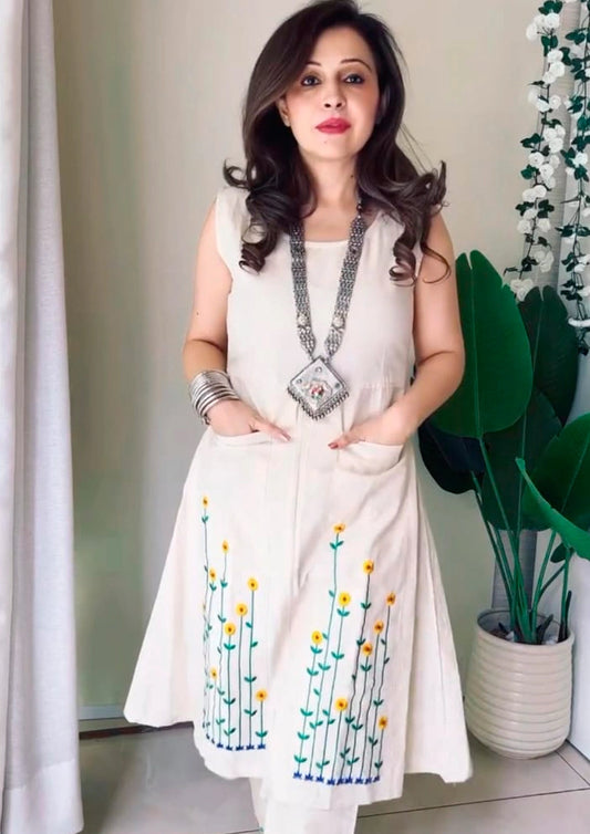 Cotton Flex Embroidered Kurti Pant Set with Front Pockets for Women