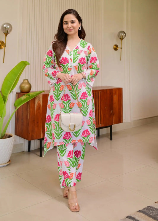 Floral Cotton Co-ord Set for Women – Stylish Printed Kurti with Matching Pants