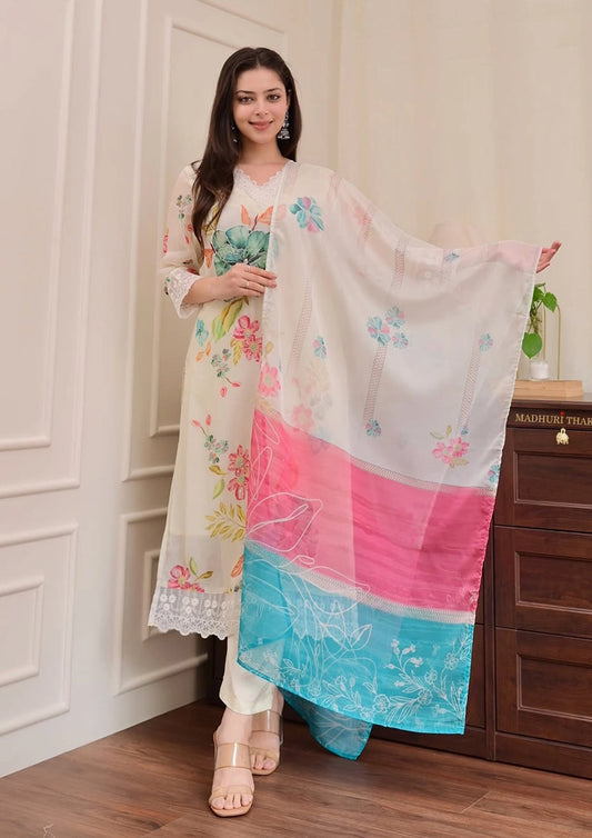 AnokhiVastra Suit Set with Digital Print, Handwork, Chanderi Silk Pants & Organza Dupatta
