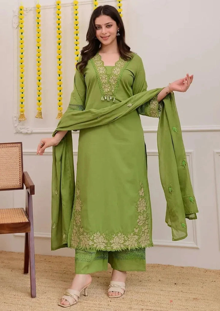 Party Wear Straight Cotton Kurti Pant Dupatta Set for Women