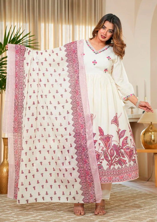Pure Cotton Embroidered Kurti Pant Dupatta Set