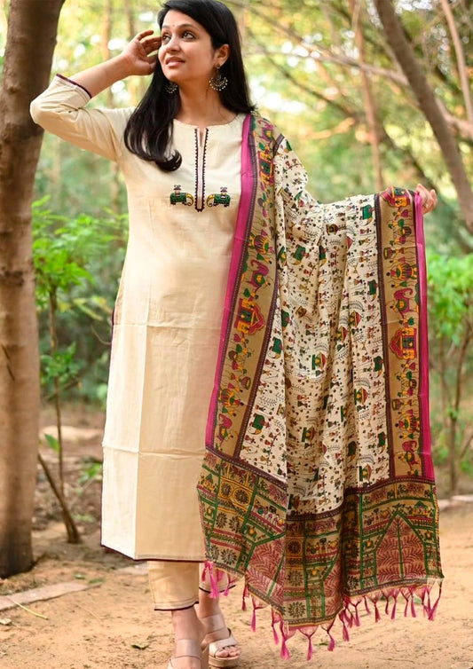Cream Cotton Kurta Set with Embroidered Chanderi Dupatta