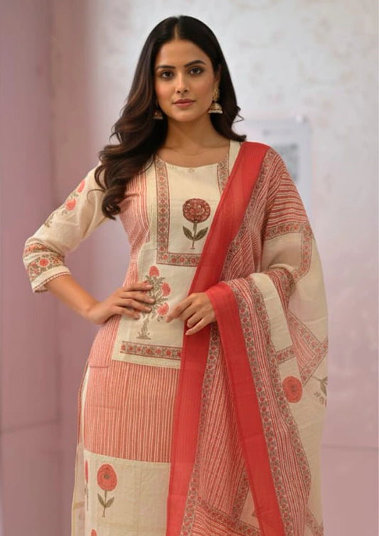 Blush Pink Mul Cotton Kurti Pant Dupatta Set
