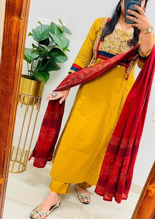 Festive Cotton Kurti Set with Pant & Dupatta