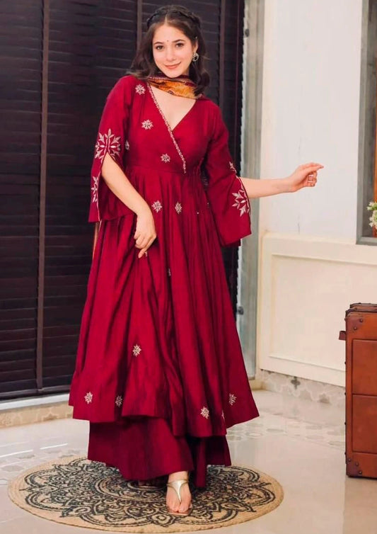Pure Chinnon Silk Embroidery Gown with Dupatta Set