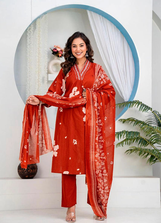 Women Heavy Pure Cotton Embroidered Kurti Pant Dupatta Set