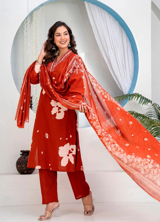 Women Heavy Pure Cotton Embroidered Kurti Pant Dupatta Set