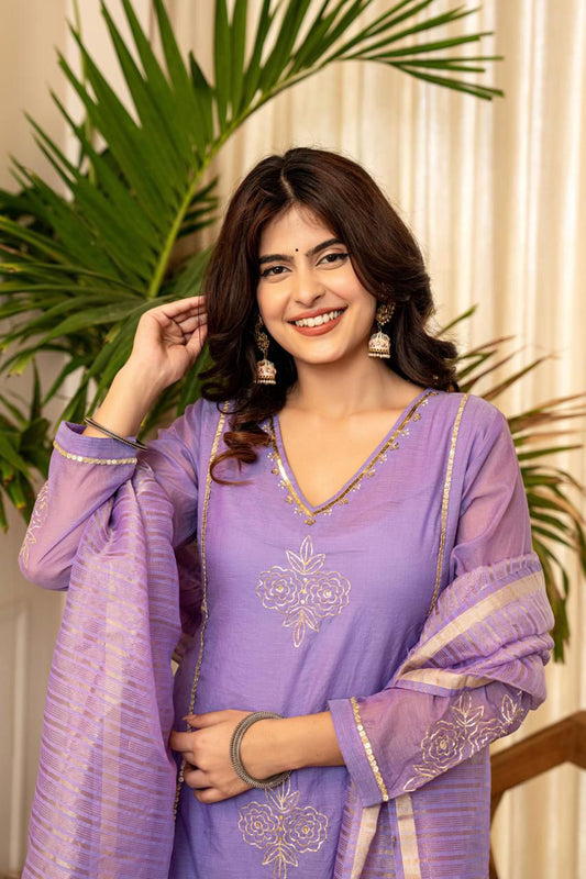 Mul Chanderi Embroidered Kurti Pant Dupatta Set for Women