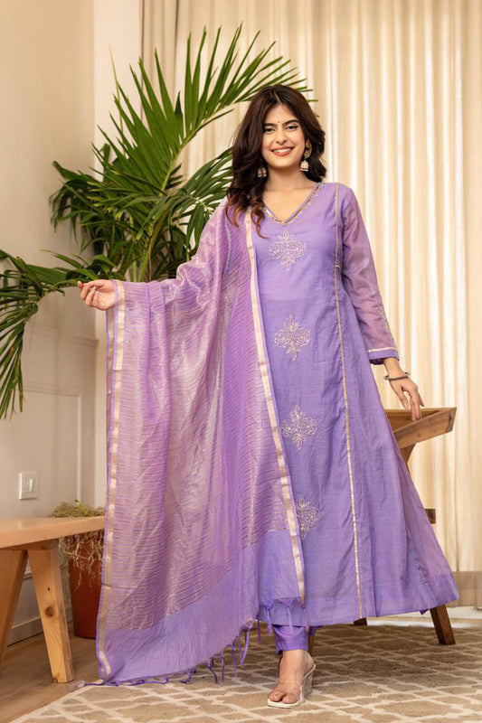Mul Chanderi Embroidered Kurti Pant Dupatta Set for Women