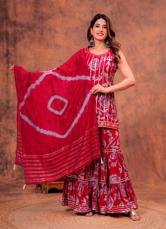 Women Premium Muslin Short Kurti Sharara Dupatta Set