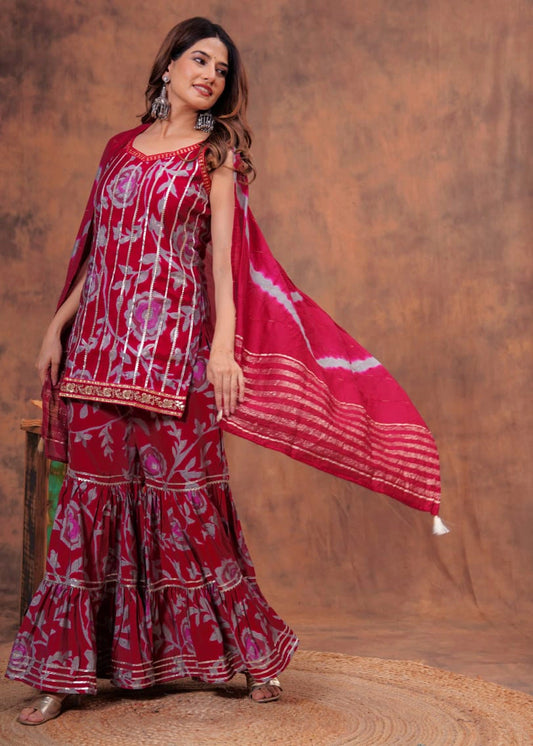 Women Premium Muslin Short Kurti Sharara Dupatta Set