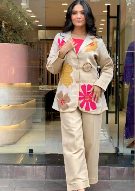 Women’s Cotton Flex Blazer Co-ord Set with Floral Embroidery