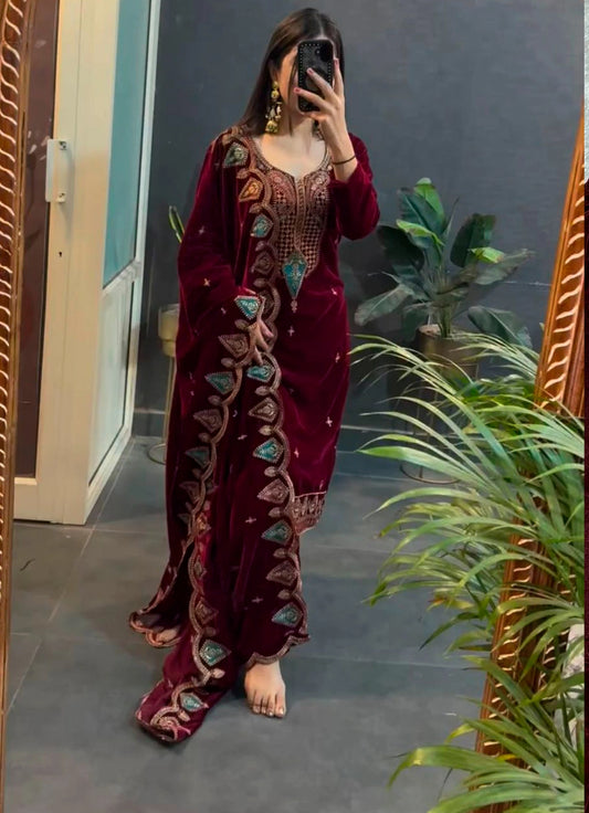 Velvet Party Wear Top & Pant Set For Women