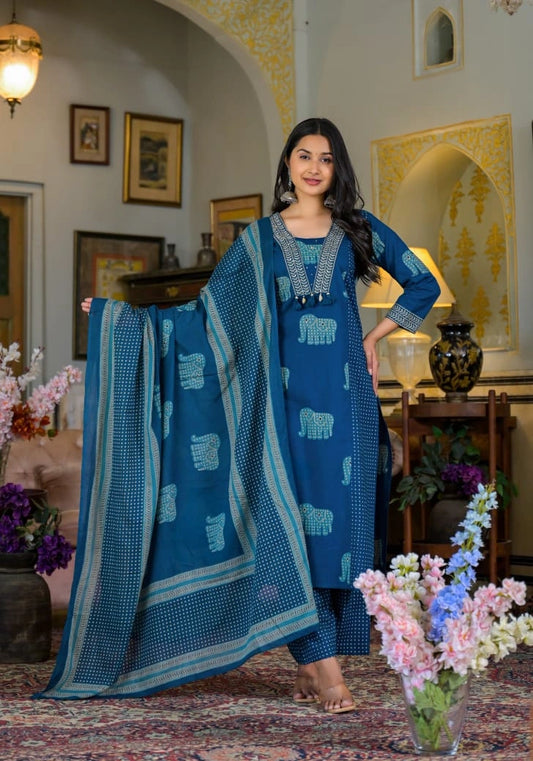Elephant Print Cotton Women Kurti Pant Set