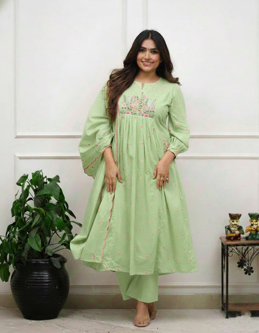 Cotton Kurti Pant Set with Embroidered Dupatta for Women