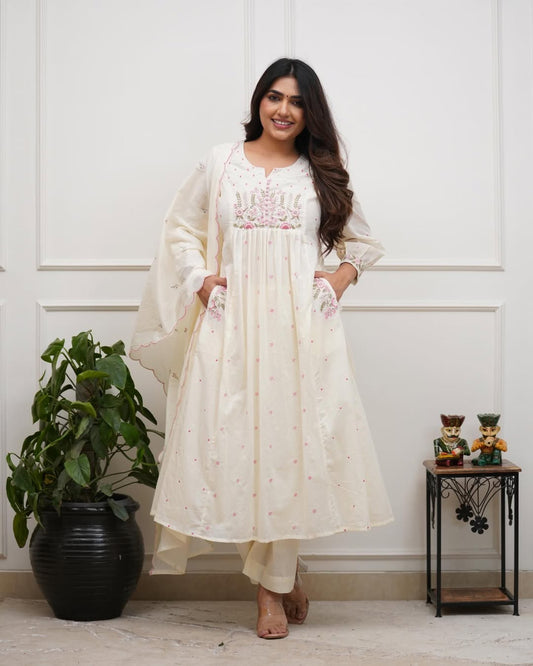 Cotton Kurti Pant Set with Embroidered Dupatta for Women