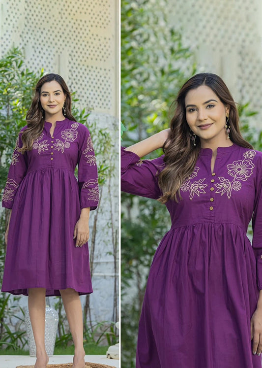 Women Purple Cotton Embroidery Midi Dress