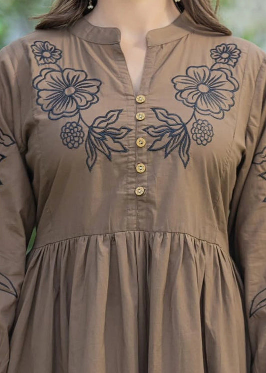 Women Brown Cotton Embroidery Midi Dress