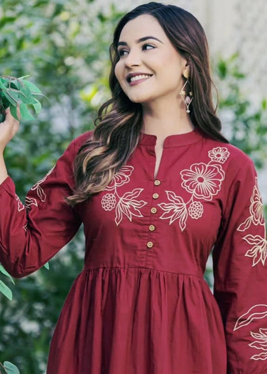 Women Maroon Cotton Embroidery Midi Dress