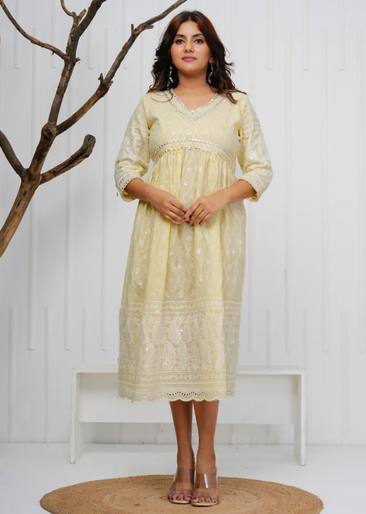Women Yellow Cotton Chikankari Kurti with Mirror & Lace Work