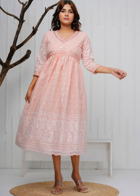 Women Pink Cotton Chikankari Kurti with Mirror & Lace Work