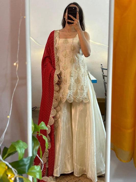 Ivory tissue kurta-palazzo with red dupatta