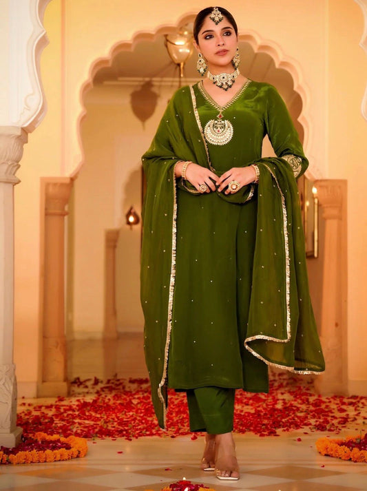 Regal Chinon Embroidered Straight Kurta Set with Dupatta