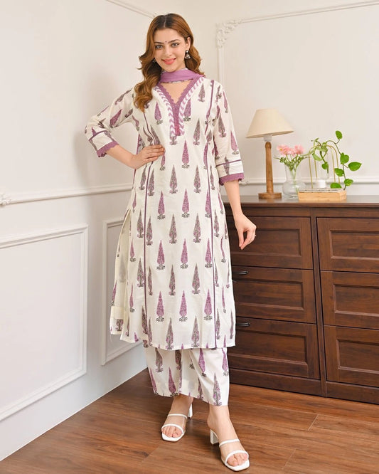 Premium Printed Cotton Kurta Pant Set with Mulmul Dupatta