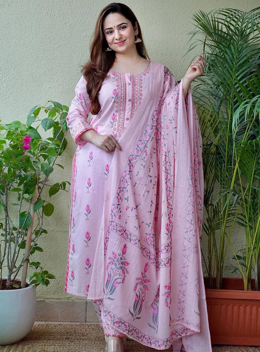 Designer Floral Cotton Kurti Pant Set with Dupatta