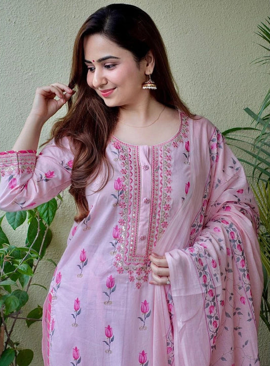 Designer Floral Cotton Kurti Pant Set with Dupatta