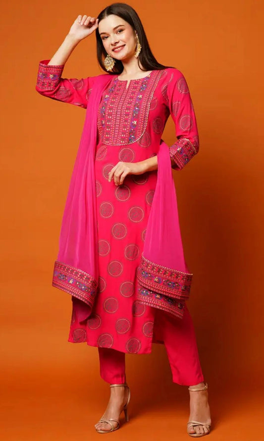 Designer Rayon Kurti Pant Set with Dupatta