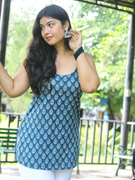Printed Cotton Strappy Top with Crisscross Back Detail