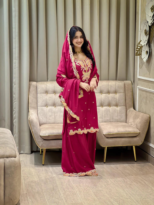 Designer Chinon Silk Heavy Embroidered Top Sharara & Dupatta Set