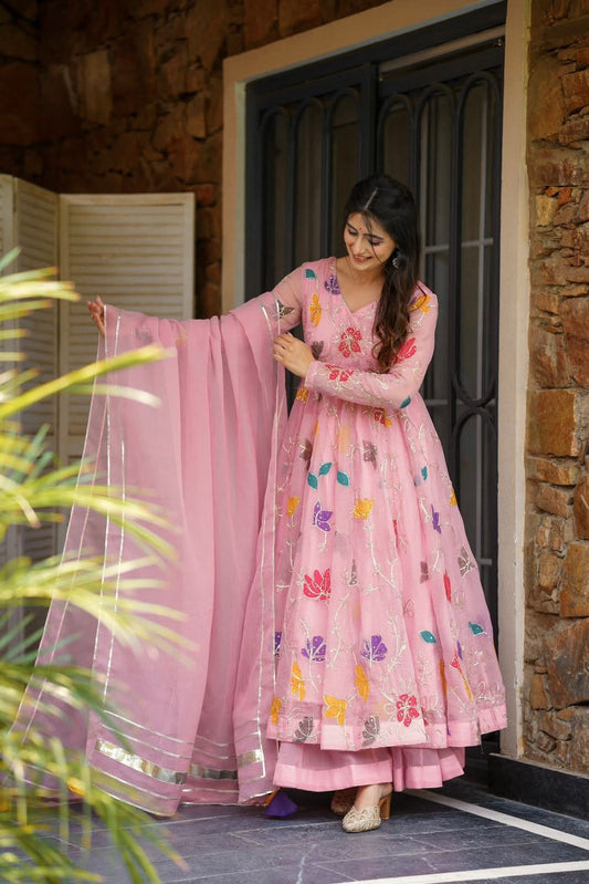 Designer Floral Embroidered Georgette Gown with Sharara & Dupatta Set