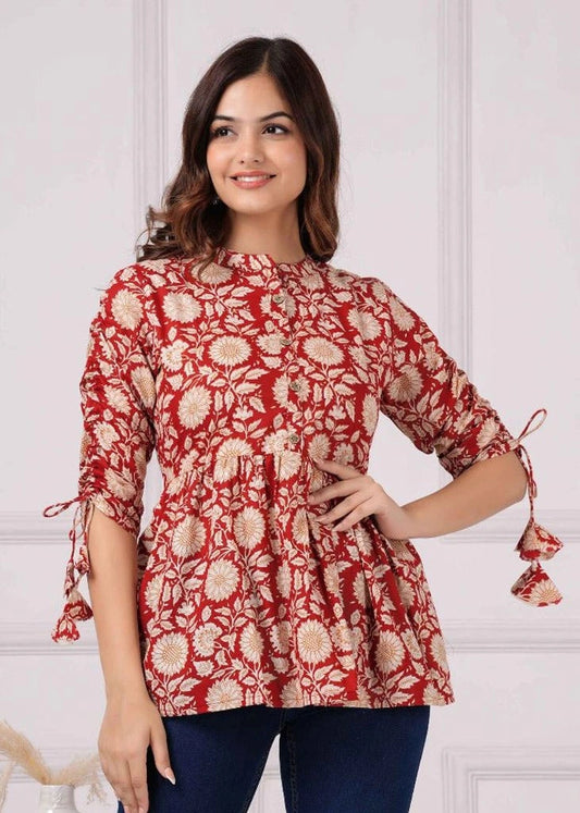 Women's Pure Cotton Maroon Peplum Top