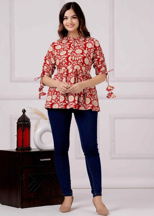 Women's Pure Cotton Maroon Peplum Top