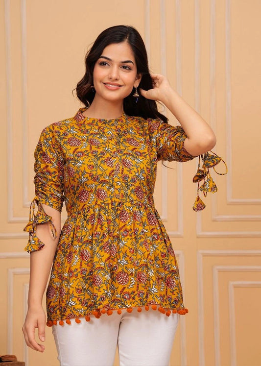 Women’s Pure Cotton Mustard Floral Printed Top