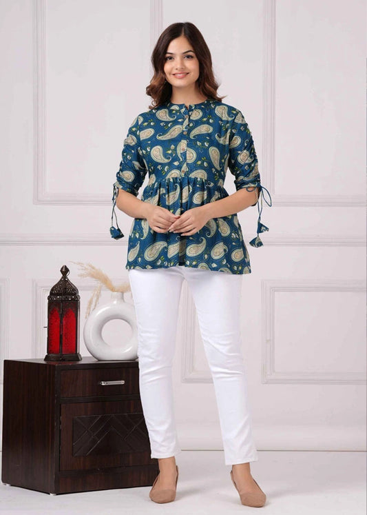 Women's Pure Cotton Printed Peplum Top – Grey & Brown