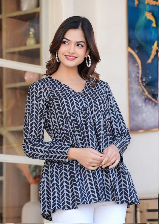 Women's Blue Arrow Print Peplum Top with Full Sleeves