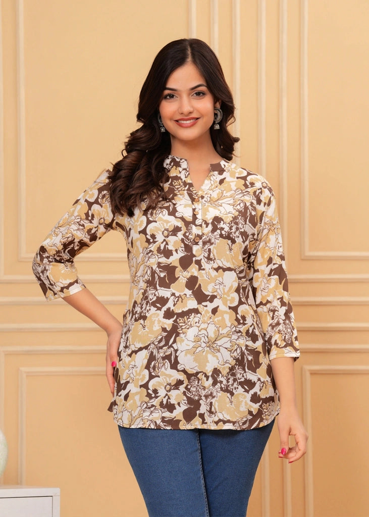 Beige cotton straight tunic top for women with three-quarter sleeves, featuring a simple and elegant design perfect for work or casual wear.